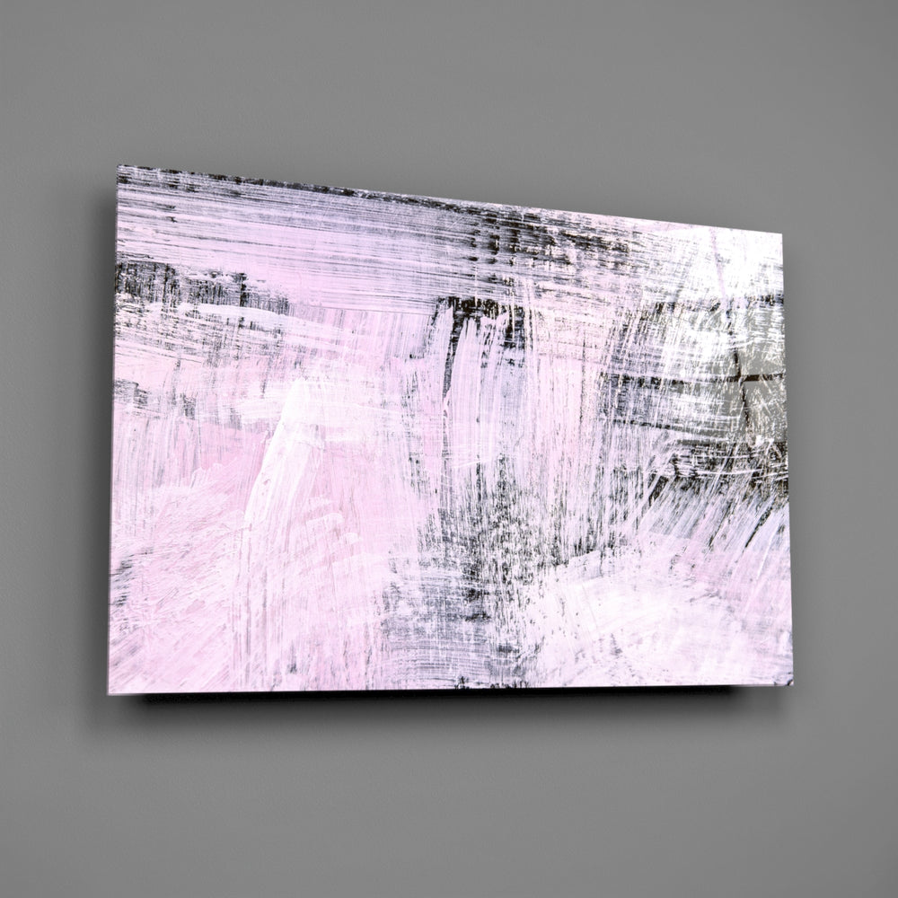 Close-up detail of the painterly pink and white strokes on gray ground