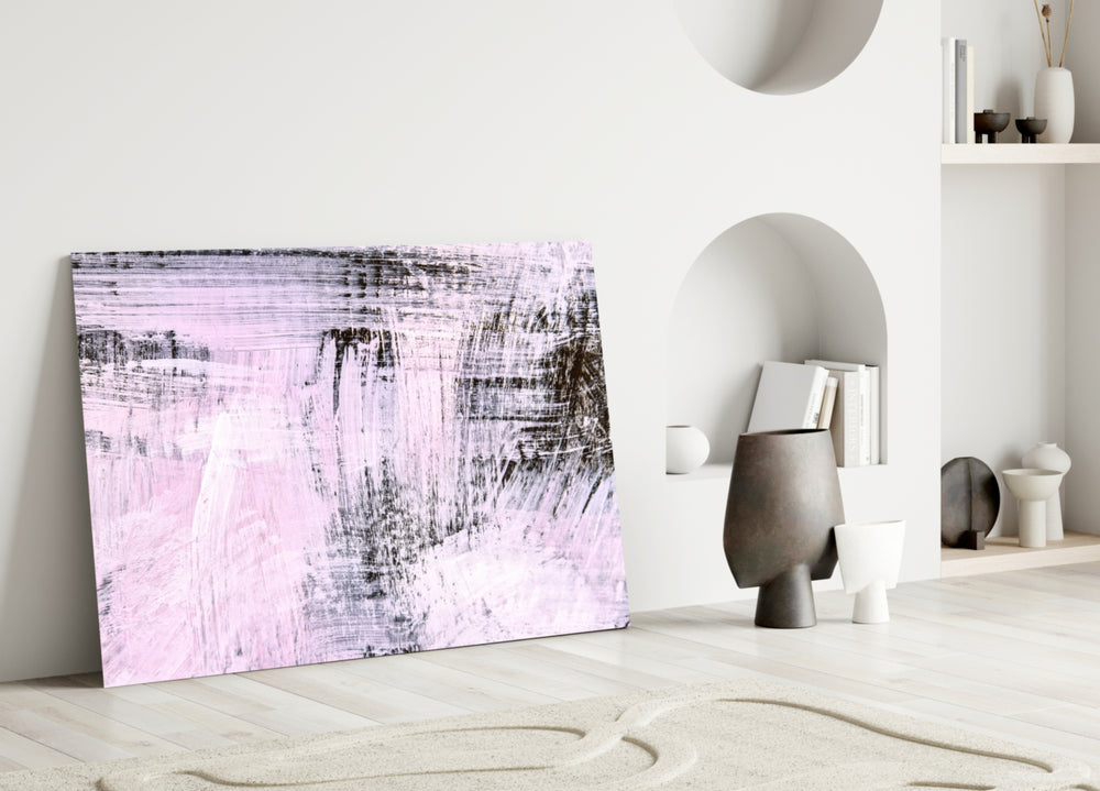 Abstract glass wall art styled above a bed in a calm, feminine bedroom