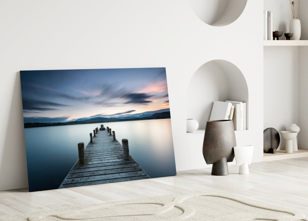 Dock glass wall art styled above a bed in a tranquil bedroom