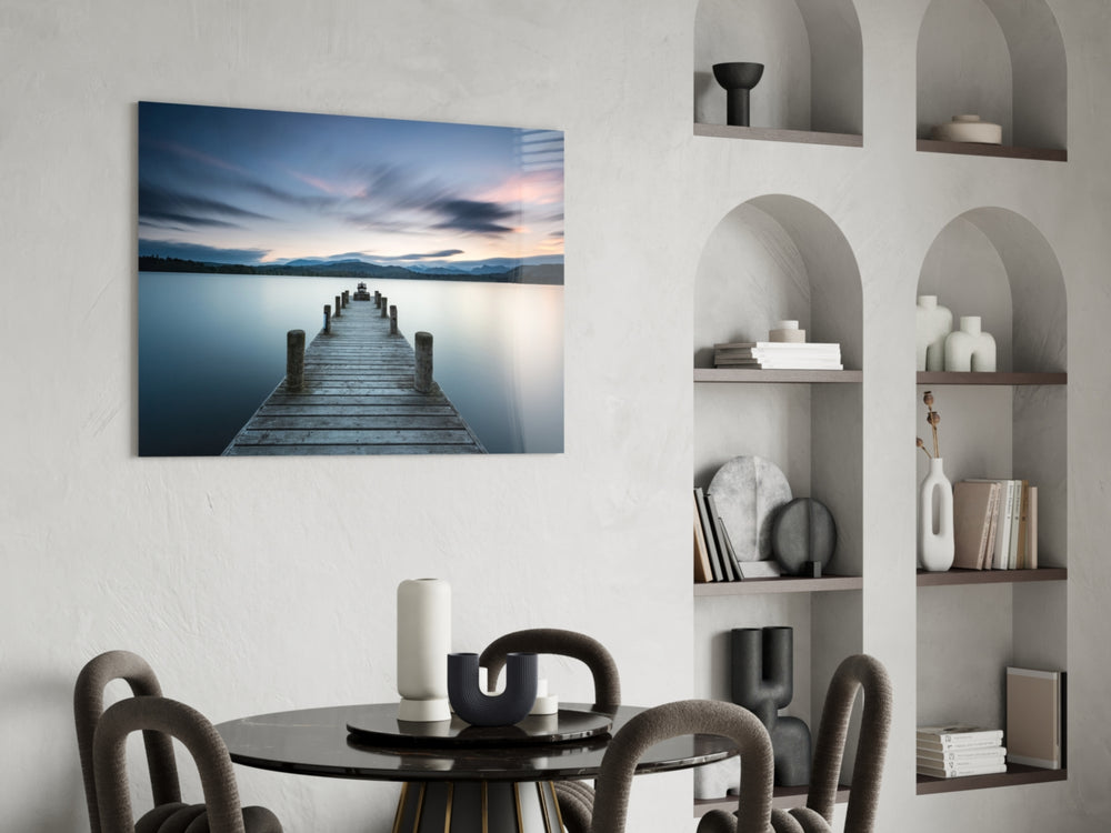 Dock glass print bringing meditative mood to a hallway