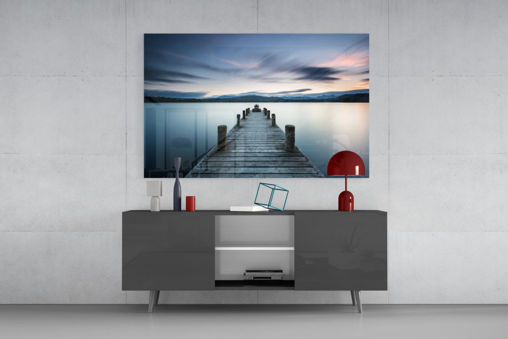 Dock pier lake glass wall art flat view