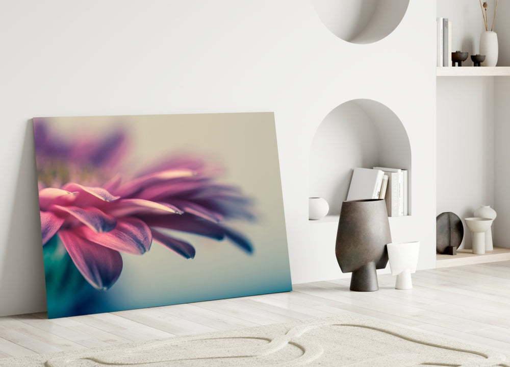 Flower glass wall art styled above a bed in a romantic bedroom