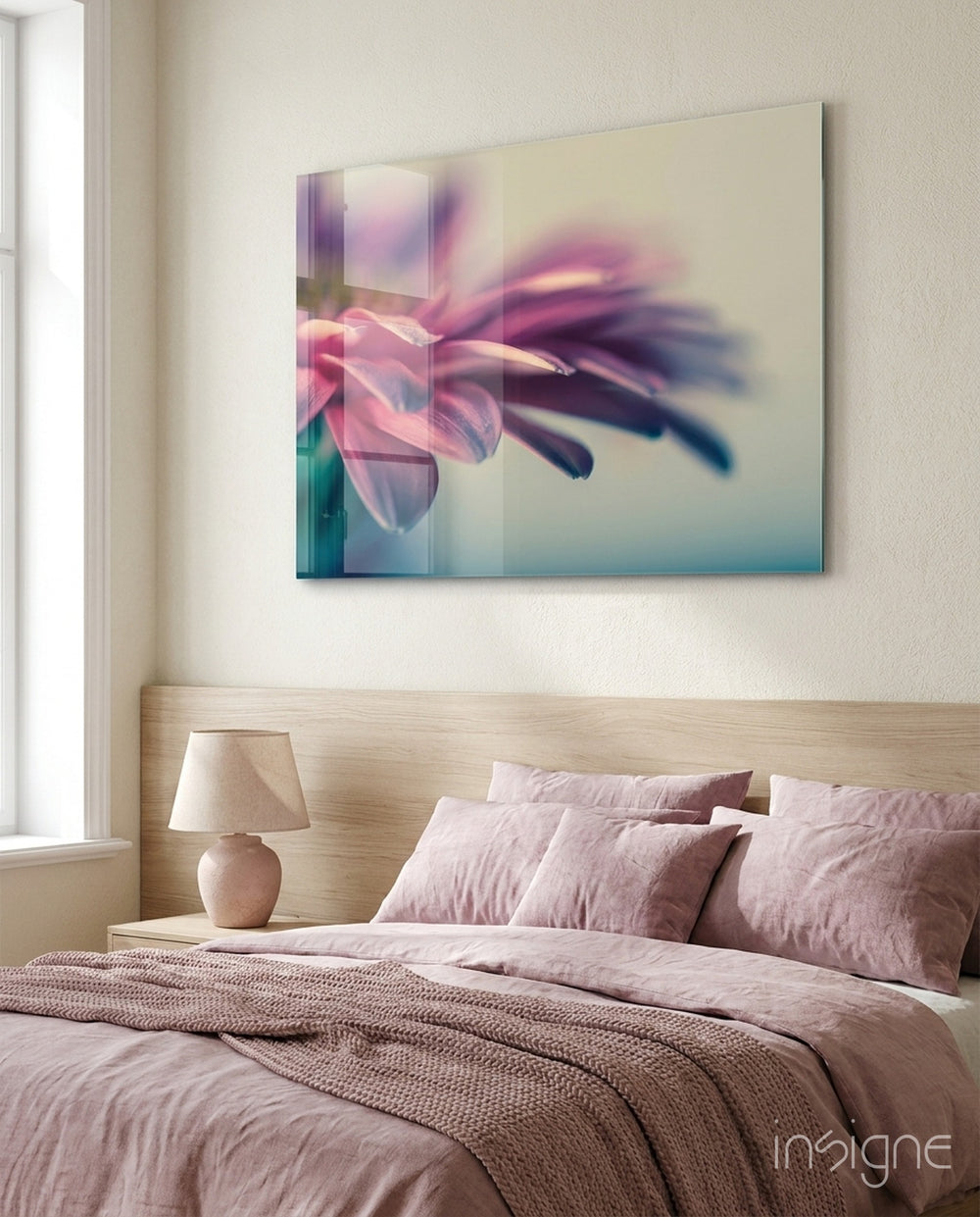Flower pink gerbera glass wall art displayed above a console in a designer interior