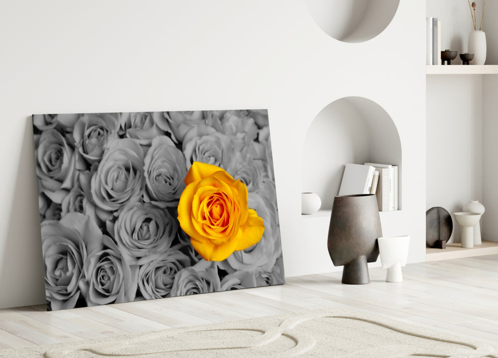 Yellow Rose glass wall art styled above a bed in a romantic bedroom