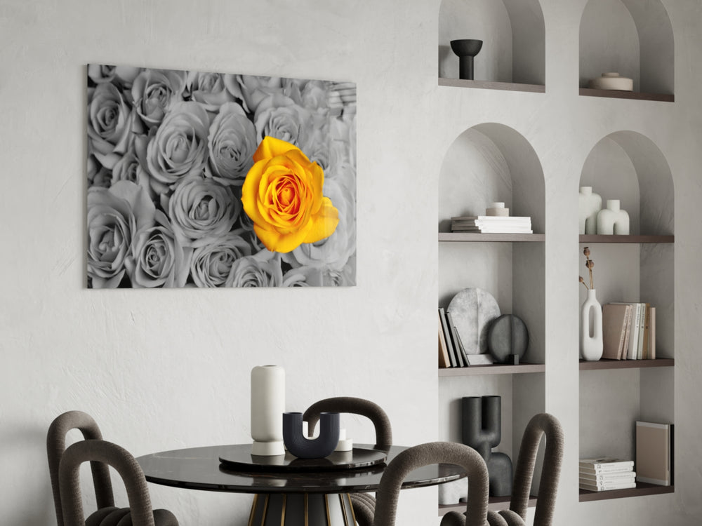 Yellow Rose glass print enhancing a hallway with graphic focus