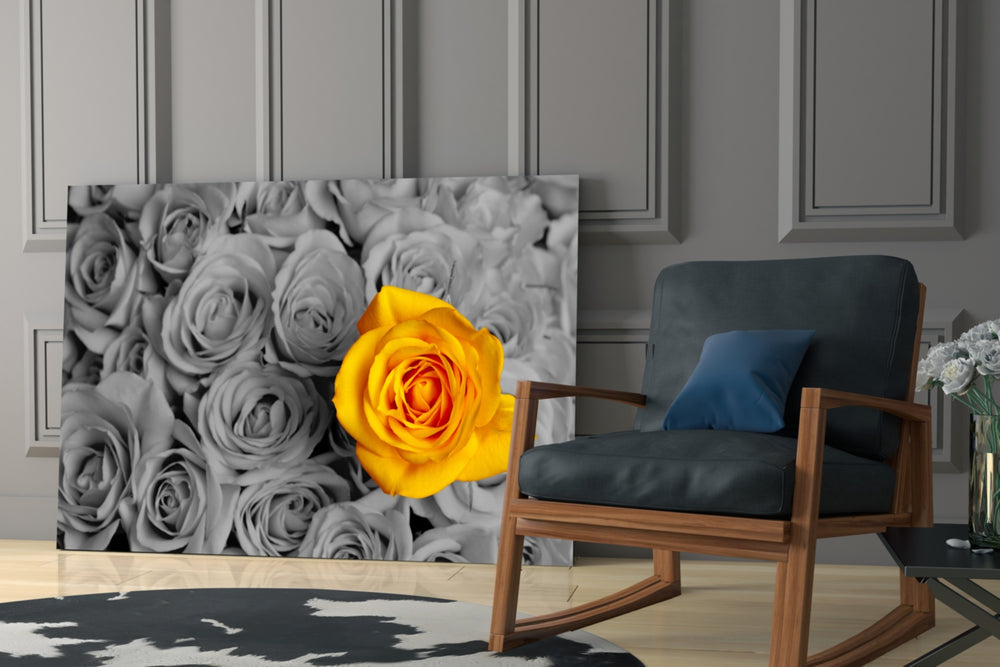 Yellow Rose artwork anchoring an elegant dining corner