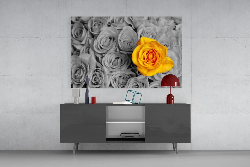 Yellow rose selective color glass wall art flat view