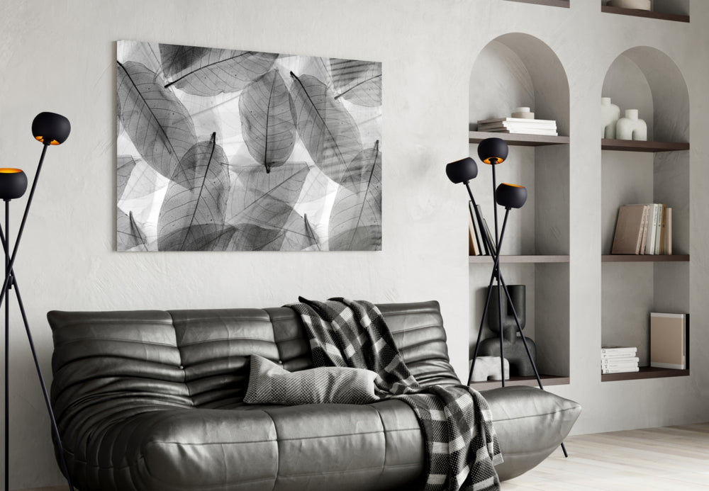 Black and White Leaves panel adding minimalist calm to a bathroom