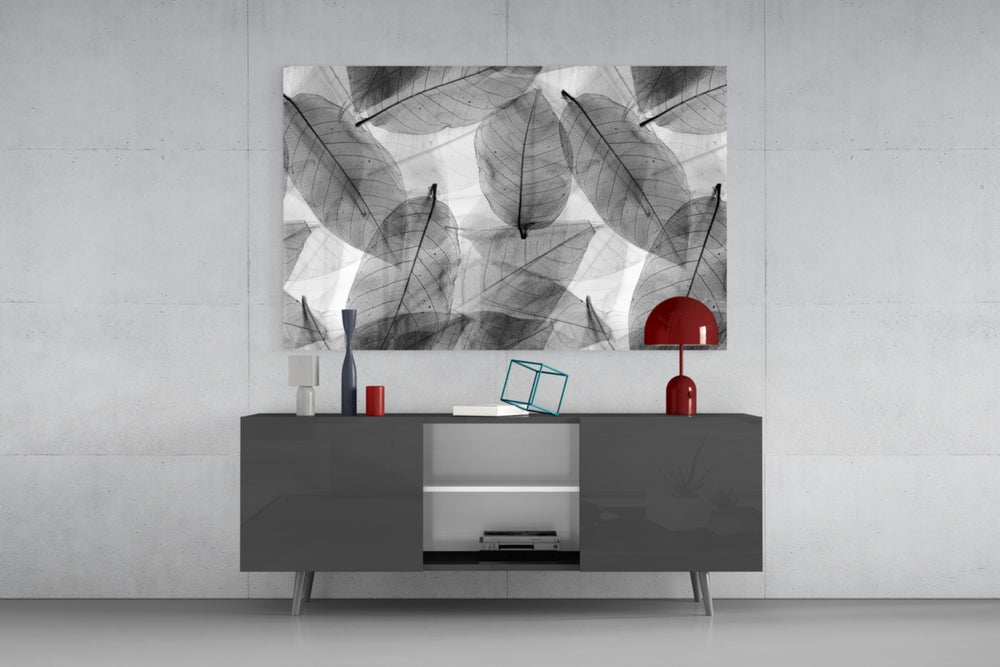 Transparent skeleton leaves glass wall art flat view