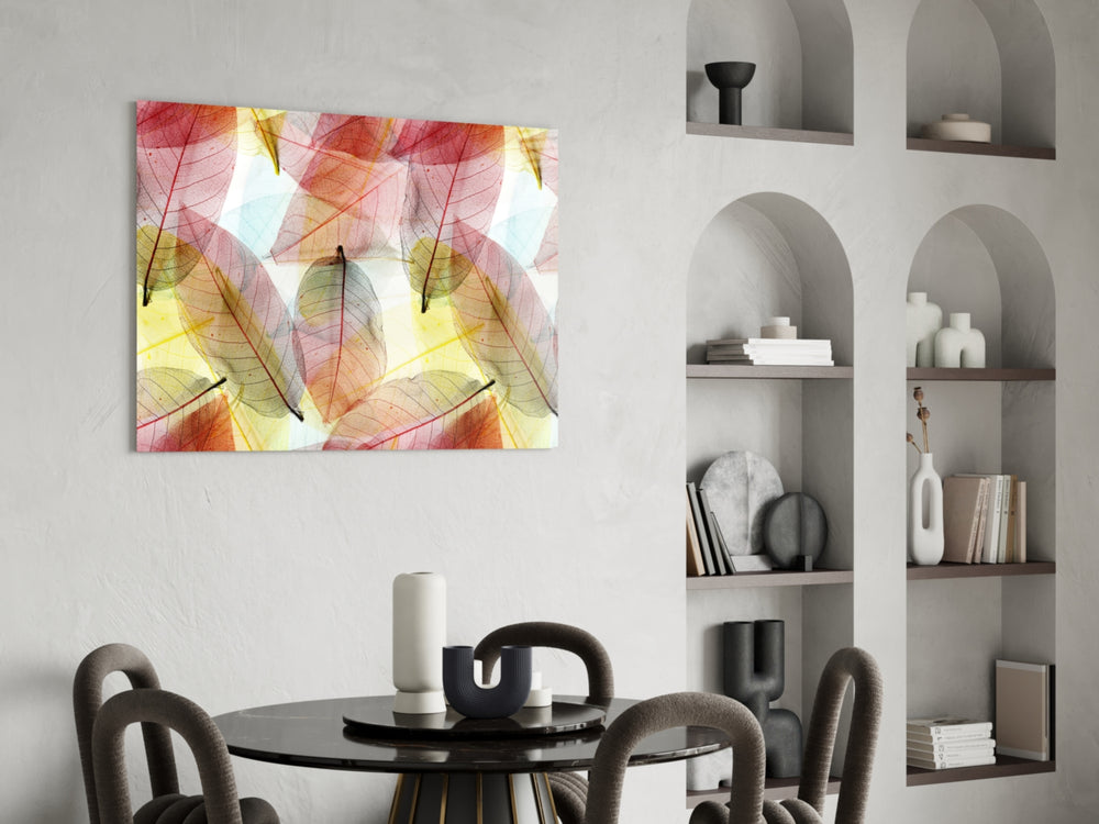 Colorful Leaves glass print adding soft nature to a hallway