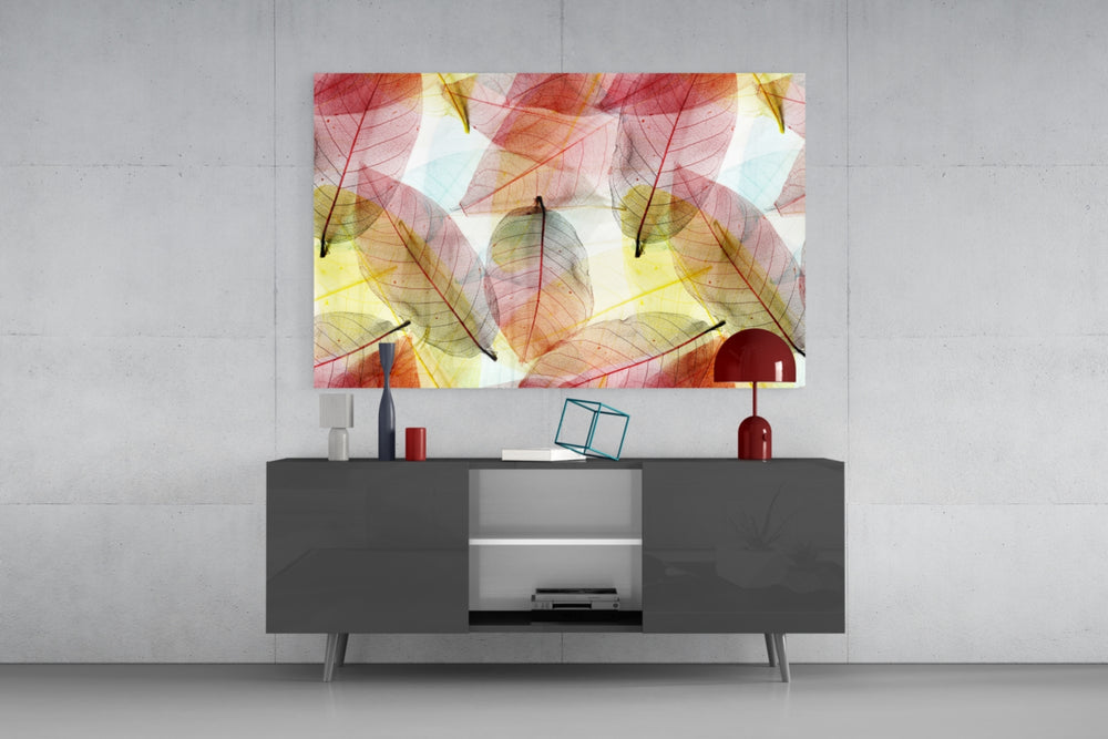 Colorful transparent leaves glass wall art flat view