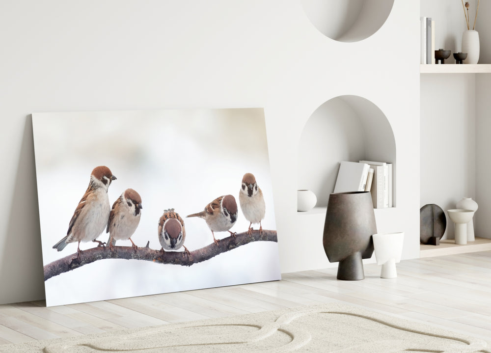 Birds glass wall art styled above a bed in a cozy, character-rich bedroom