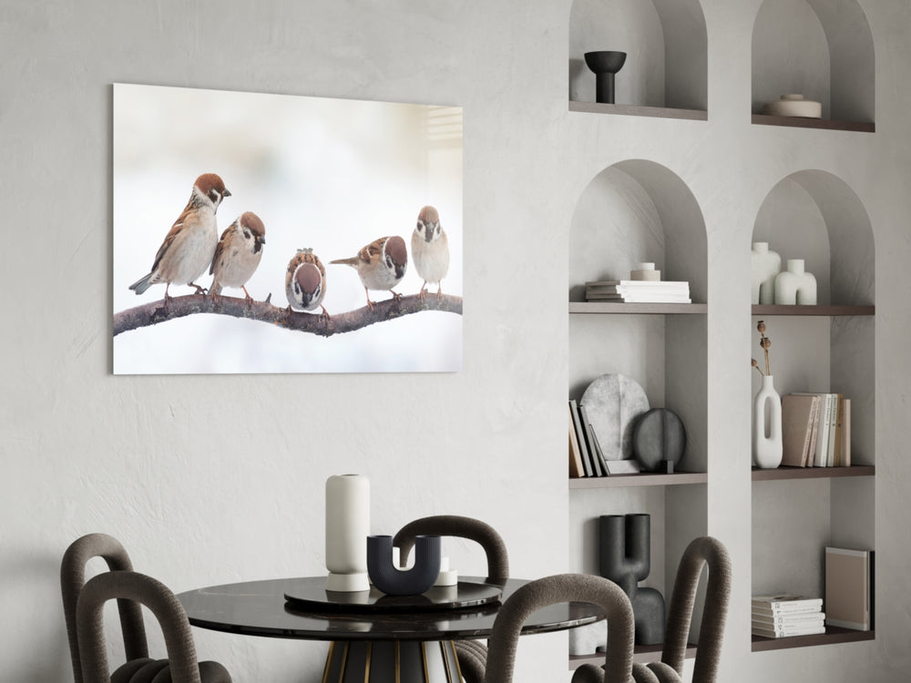 Birds glass print enhancing a kitchen nook with gentle charm