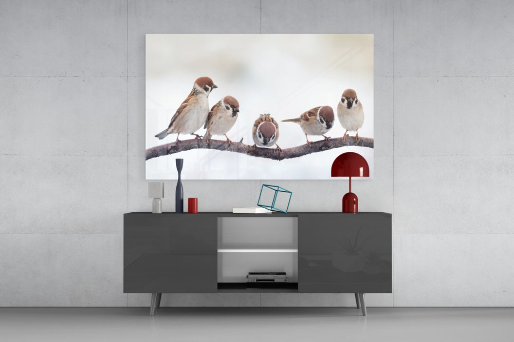 Sparrows on branch glass wall art flat view