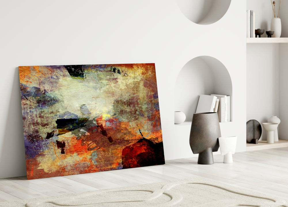 Abstract glass wall art styled above a sofa in a bold, character-rich living room
