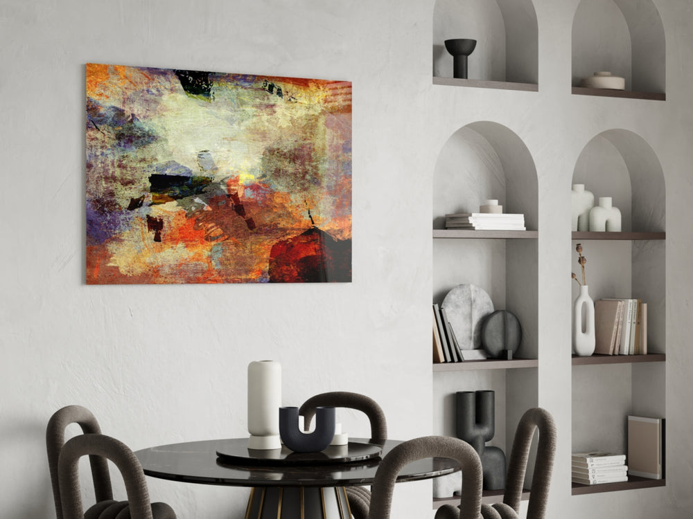 Abstract glass print anchoring a masculine lounge with painterly energy
