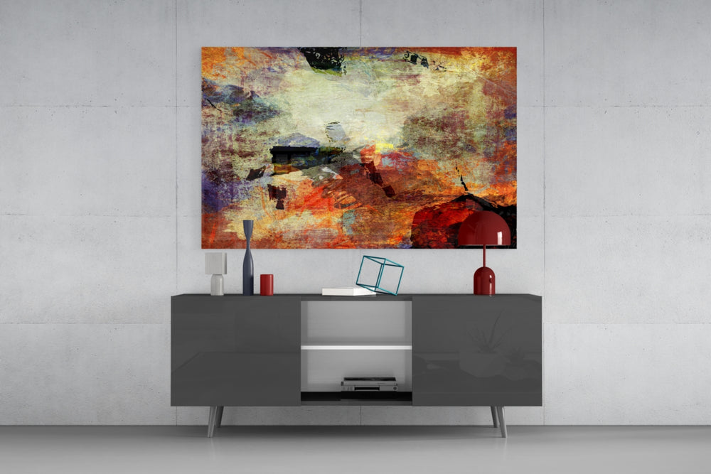 Warm abstract expressionist glass wall art flat view