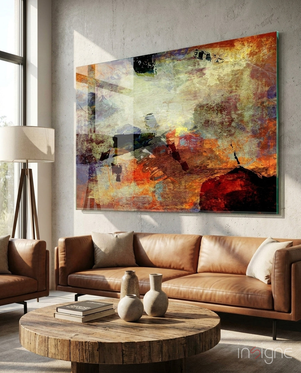 Abstract expressionist glass wall art displayed above a console in a designer interior