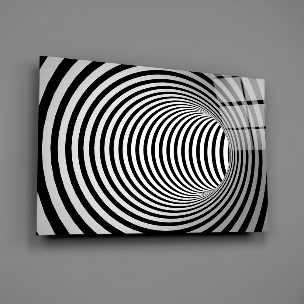 Close-up detail of the black and white spiraling concentric rings