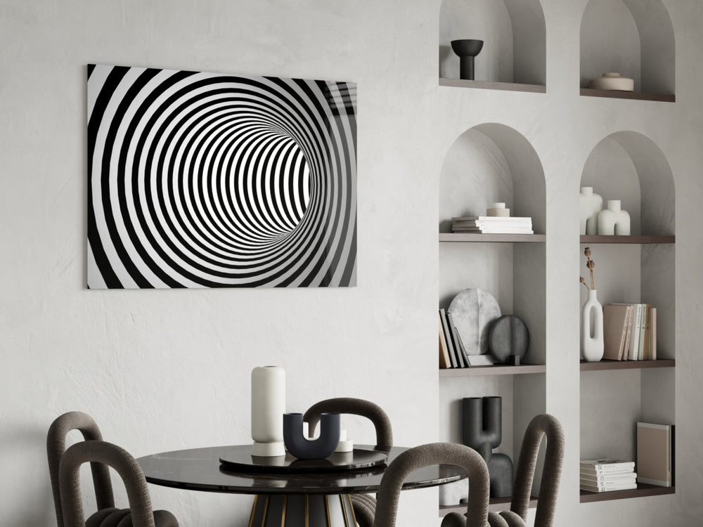 Illusion glass print energizing a hallway with op-art drama