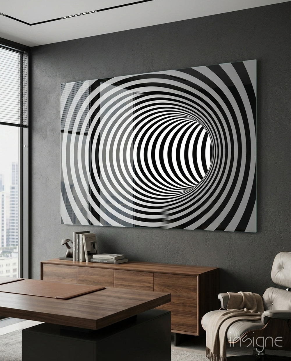 Illusion op-art glass wall art displayed above a console in a designer interior