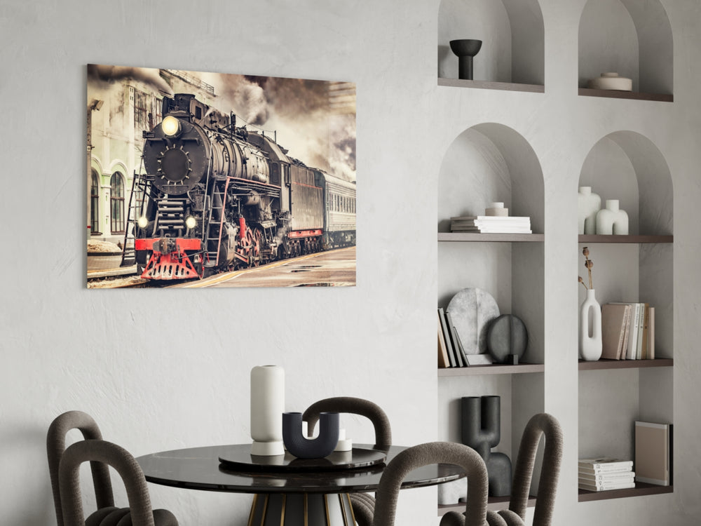 Train glass print enhancing a hallway with cinematic vintage mood