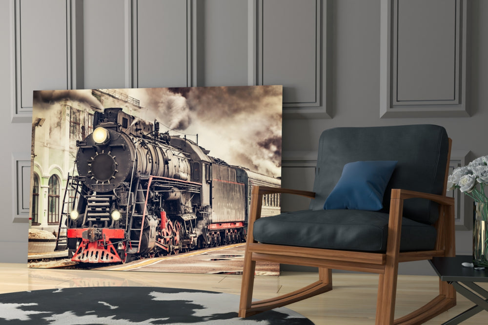 Train artwork anchoring a home office wall with classic presence