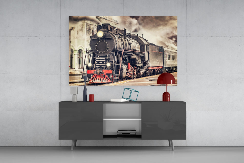 Vintage steam train glass wall art flat view