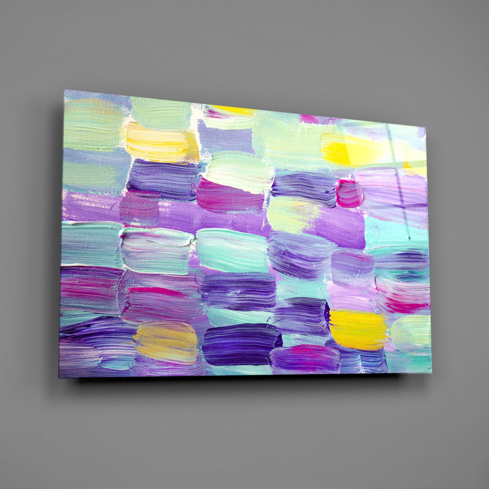 Close-up detail of horizontal lilac, mint, and magenta brushstrokes