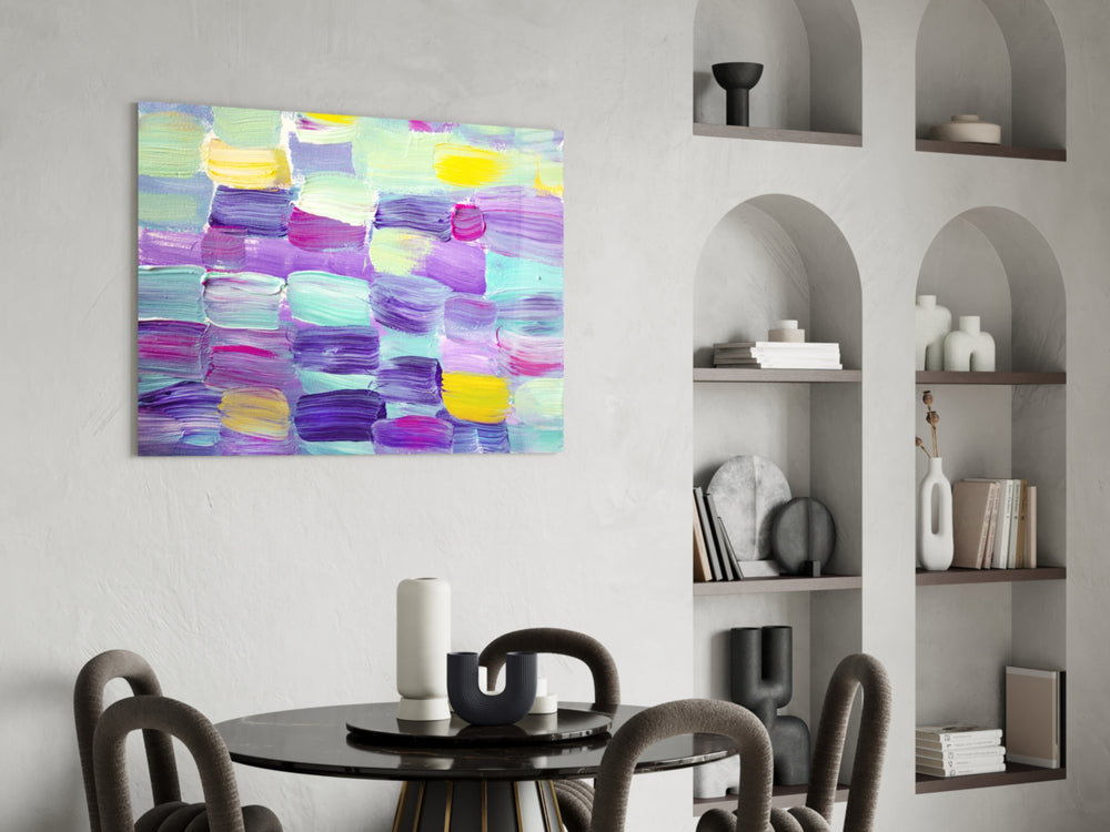 Abstract glass print enhancing a hallway with pastel warmth