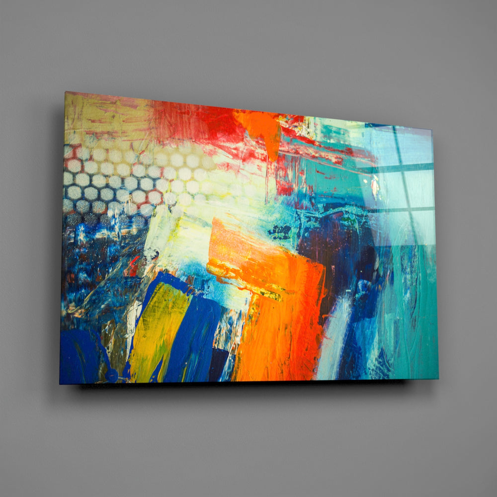 Close-up detail of thick paint in orange, cobalt, and crimson