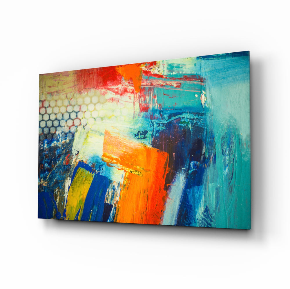 Orange and blue abstract panel bringing energy to a contemporary living space