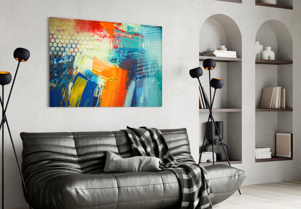 Abstract panel anchoring a creative studio with expressive color