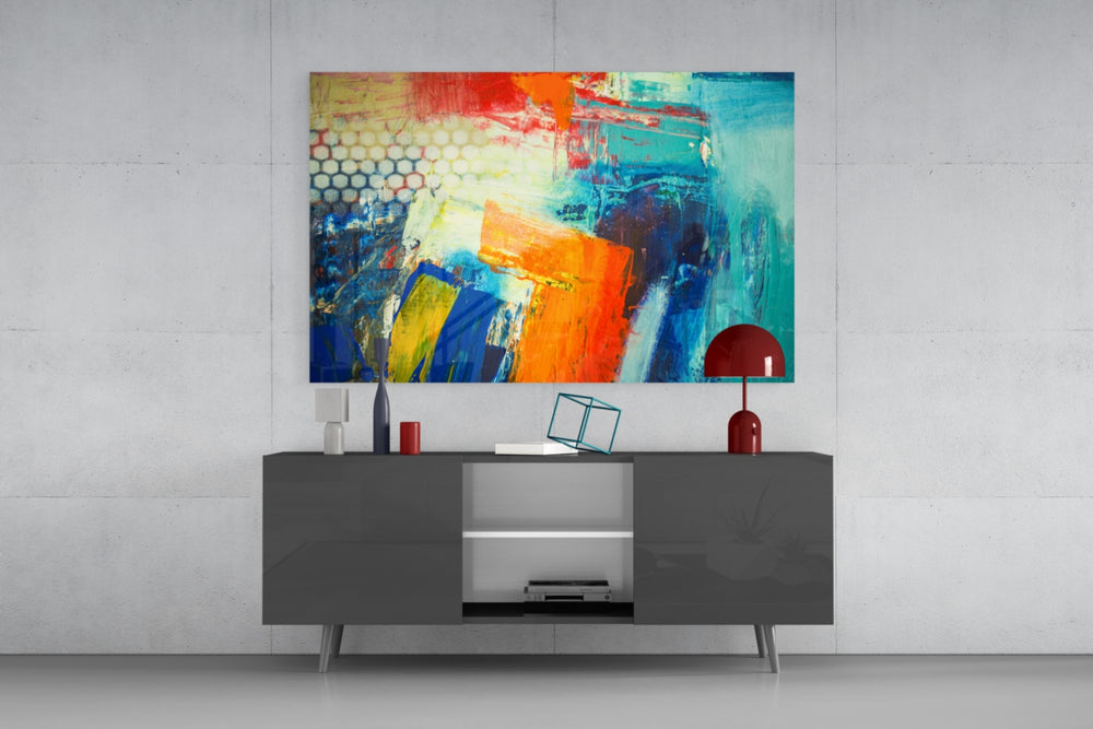 Bold abstract blue orange glass wall art flat view