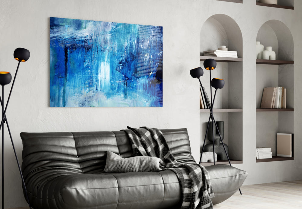 Abstract panel enhancing a bathroom retreat with water-like calm