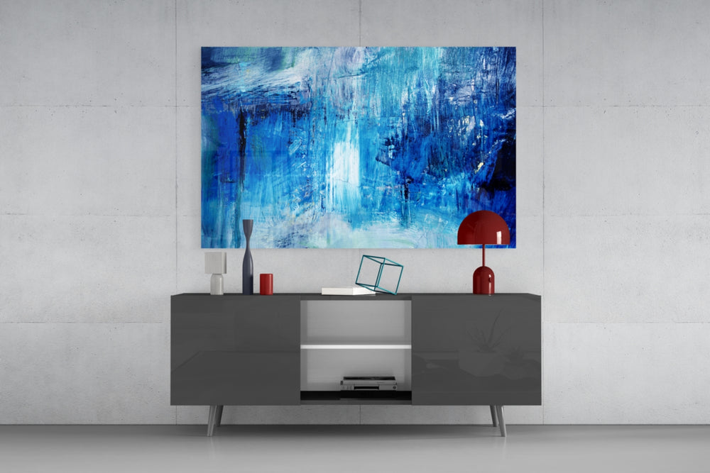 Deep blue abstract glass wall art flat view