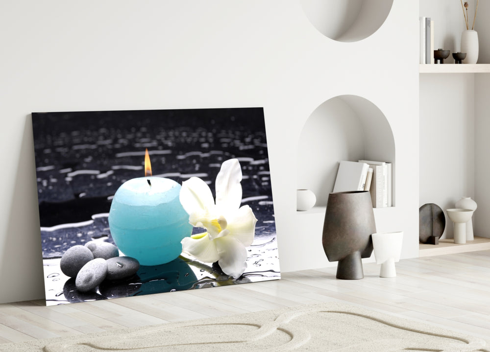 Candle glass wall art styled above a bathtub in a spa-style bathroom