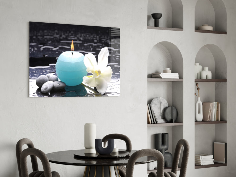 Candle glass print adding evening calm to a bedroom