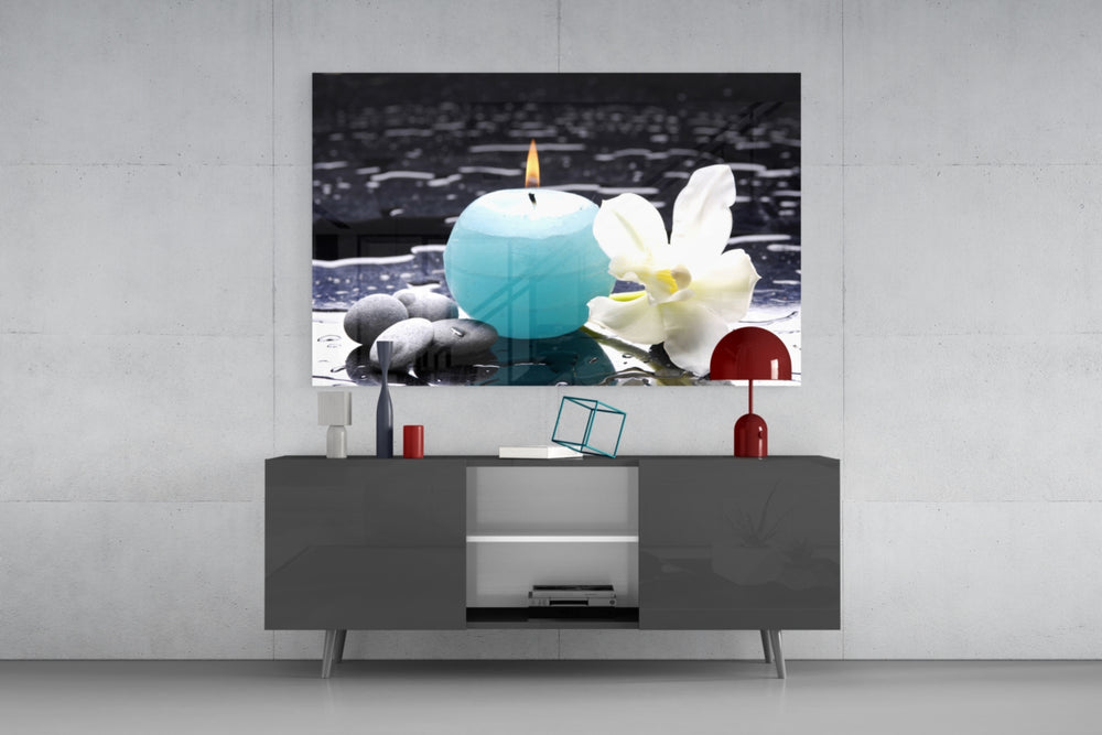 Teal candle zen stones glass wall art flat view