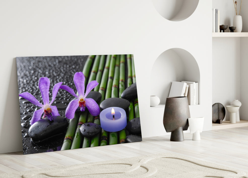 Spa glass wall art styled above a bathtub in a tranquil bathroom