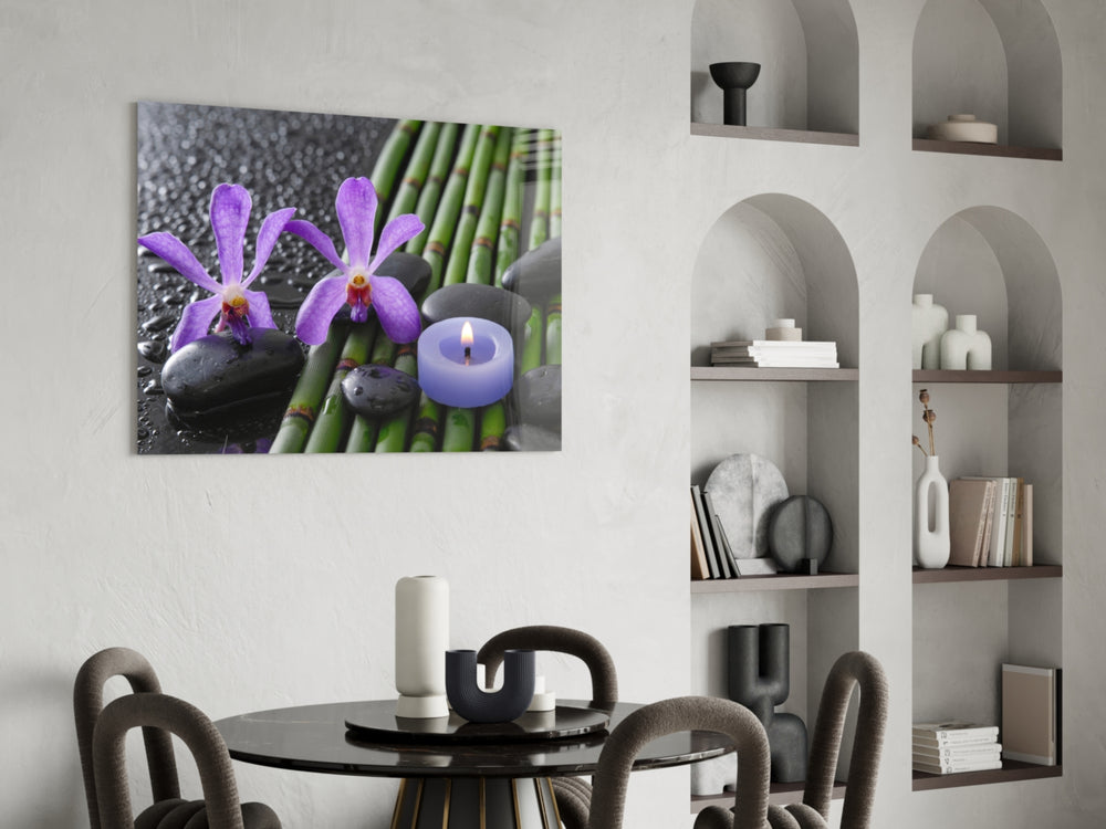 Spa glass print adding bedtime ritual to a restful bedroom