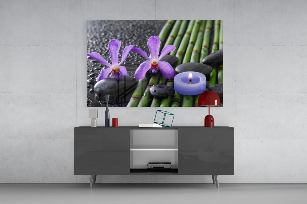 Purple orchid zen spa glass wall art flat view