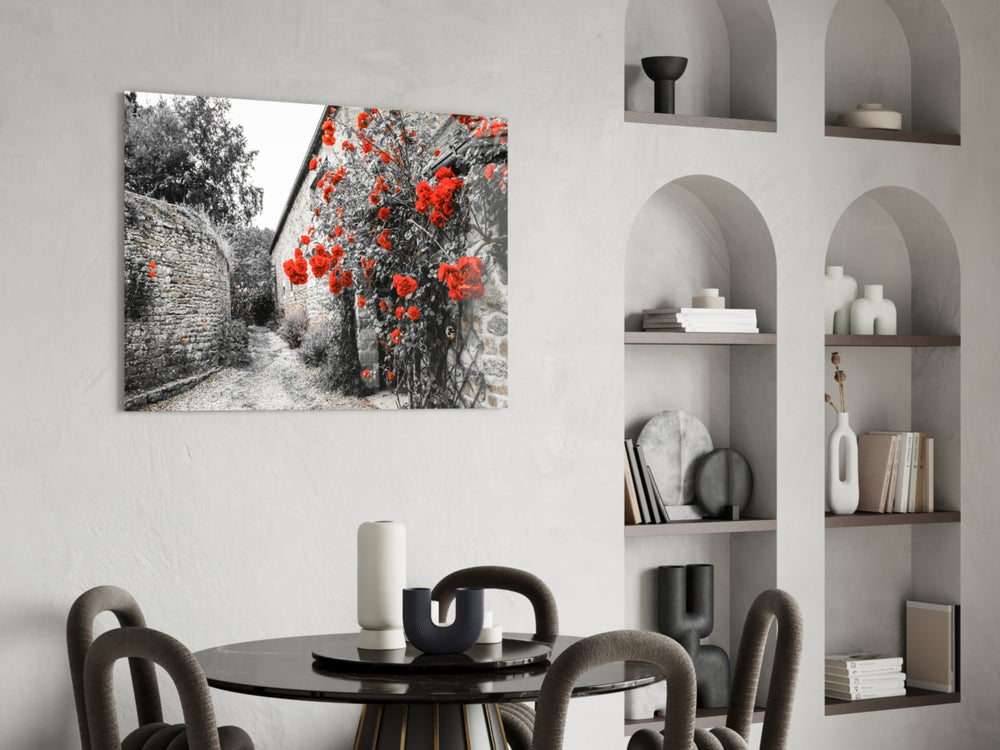 Red Rose glass print enhancing a hallway with a love-letter feel
