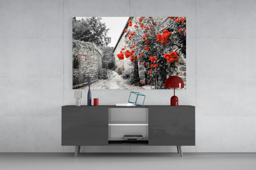 Red roses stone wall glass wall art flat view