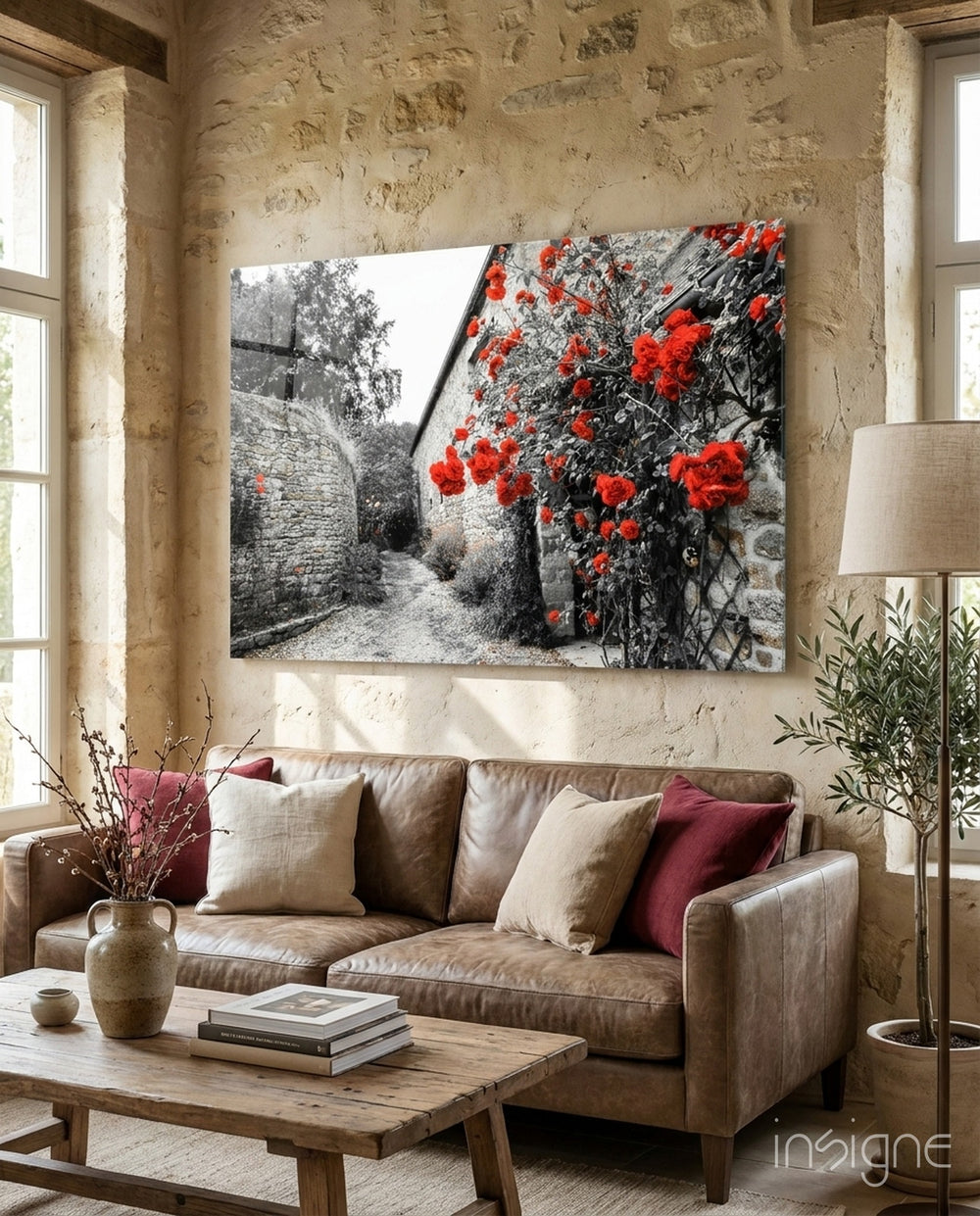 Red Rose glass wall art displayed above a console in a designer interior