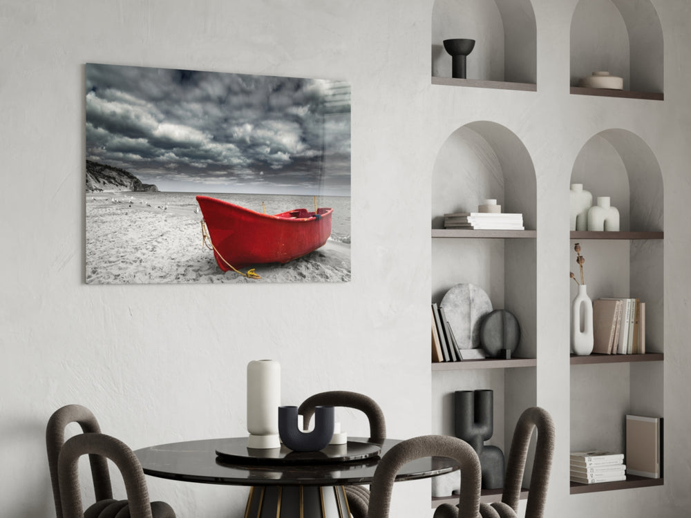 Red Kayak glass print enhancing a hallway with seascape gravity