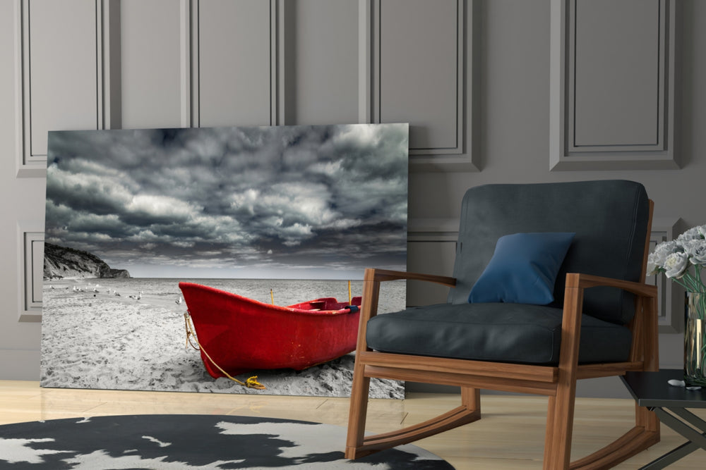 Red Kayak artwork anchoring a study wall with quiet cinematic tone