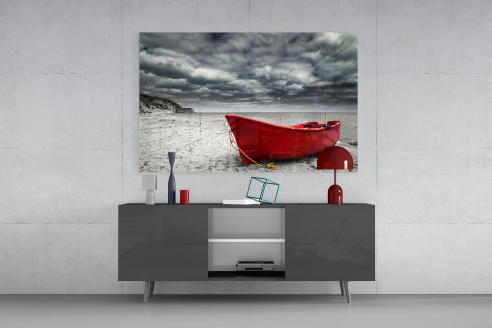 Red kayak deserted beach glass wall art flat view