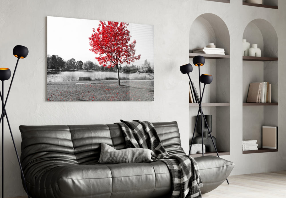 Red Tree panel adding poetic color to a tranquil bedroom