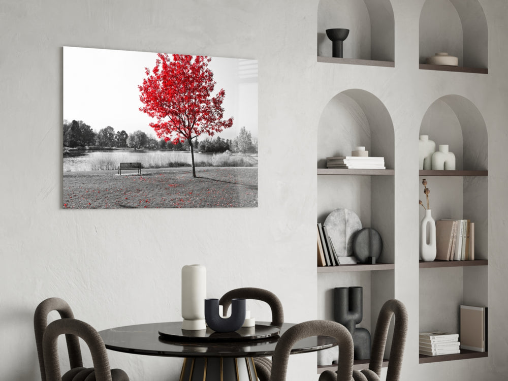 Red Tree glass print enhancing a hallway with autumn atmosphere